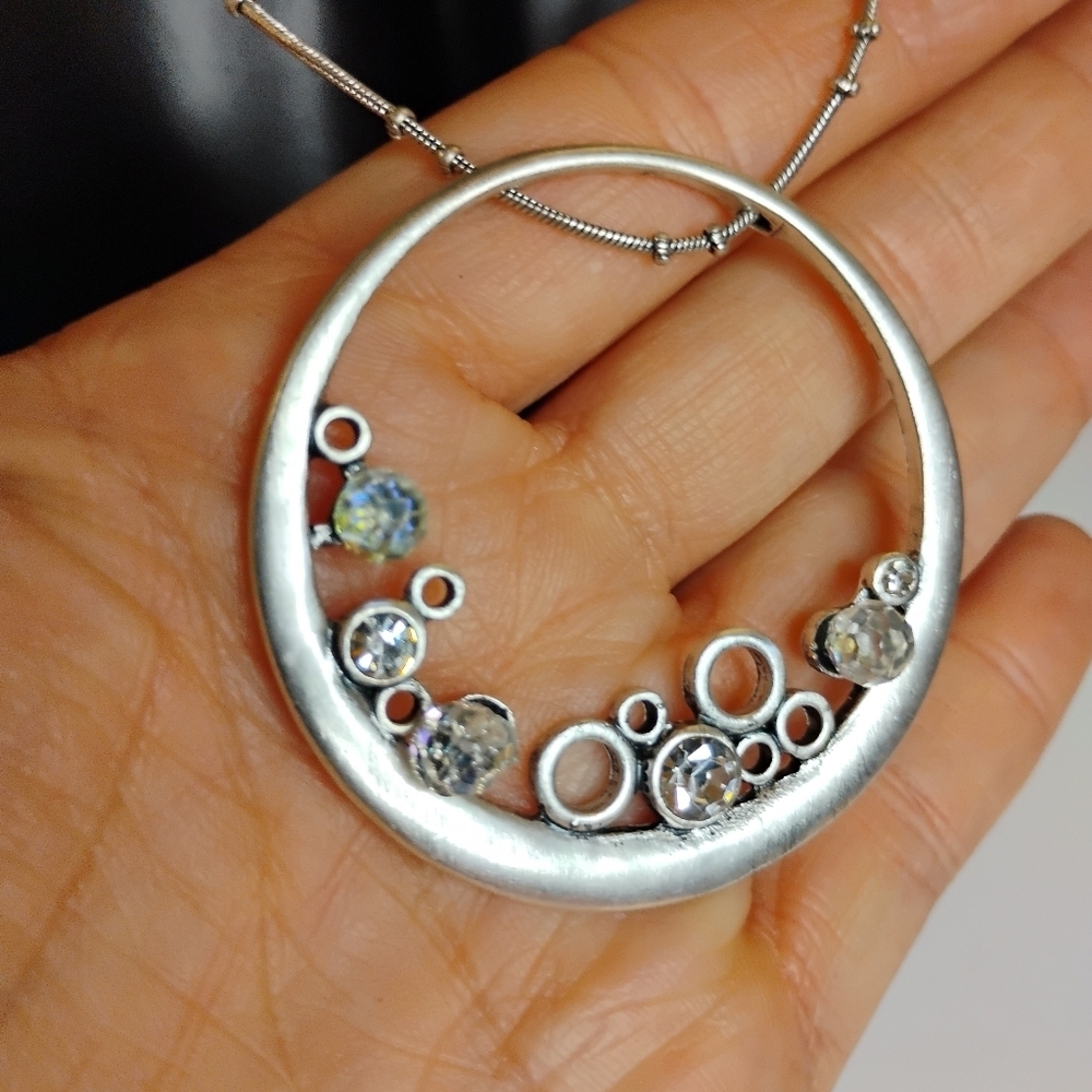 Macy's Sliver Tone Textured Necklace & AB Crystal Pendant - Picture 3 of 6